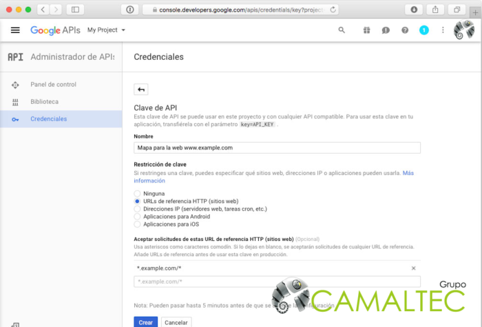 Ponemos un nombre que identifique al mapa y restringimos el uso de la API Key al dominio de nuestro proyecto Como obtener una clave API para Google Maps